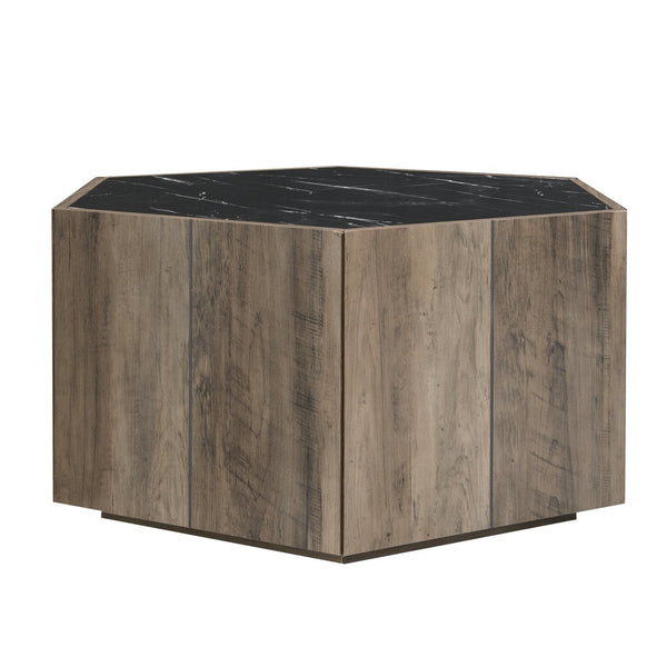 English Elm Christopher Knight Home® - Hexagonal Rustic Retro Wood Coffee Table with 2 Hidden Drawers, Textured Marble Tops, Oak Finish Black,Light Brown N770P309823L