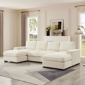 English Elm 122"l Corduroy Sectional with Dual Ottomans Modular U-shape Sofa for Modern Living Beige W1669S00020