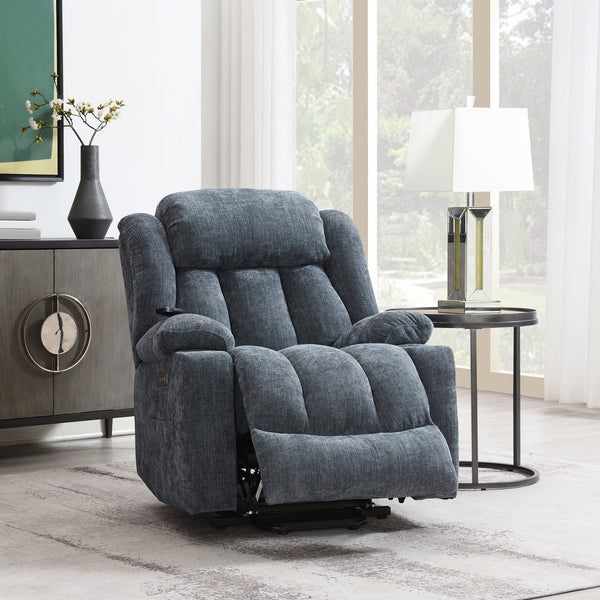 English Elm Omarion Blue Chenille Power Recliner with Lift, Heated Massage, USB, Cup Holders & Space-Saving Design B2726P245482