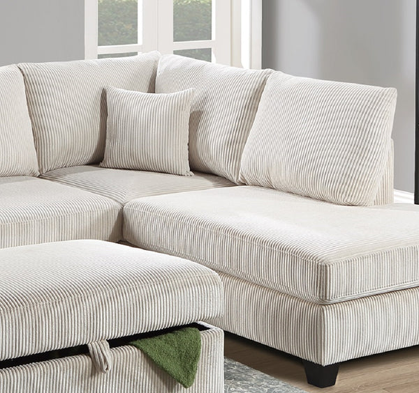 English Elm Ivory Corduroy 3pc Sectional Sofa Set with USB Port, RAF Chaise, Storage Ottoman & 2 Pillows B011S01240