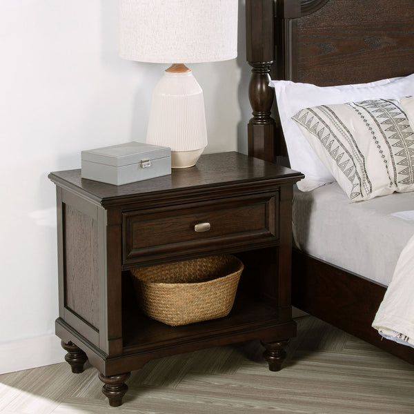 English Elm Berwick Dark Oak nightstand with drawer and open cubby, cable pass-through, rustic wood grain finish B062P374135