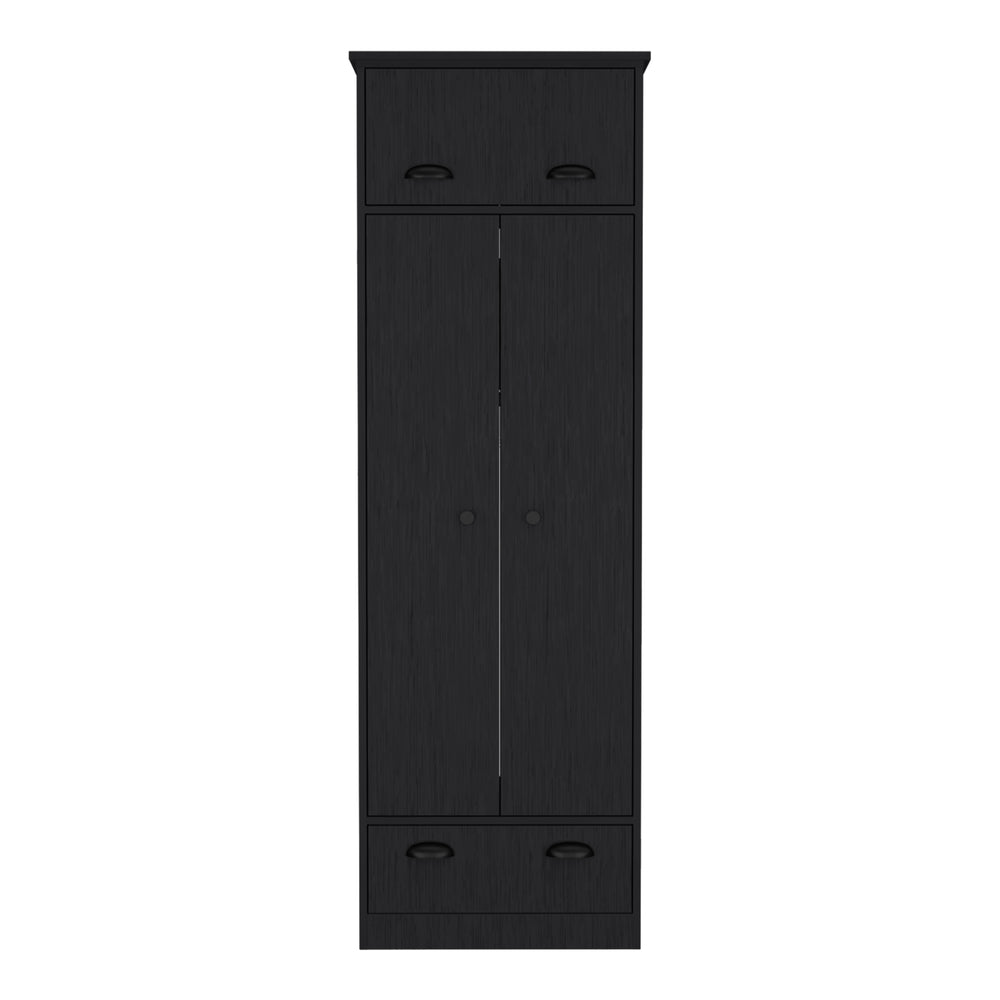 English Elm Falkland Armoire with Spacious Double-Door Storage, Hanging Rod, Upper Hinged Drawer & Chic Handles Black 73 L x 24 W x 3 H B200S00369