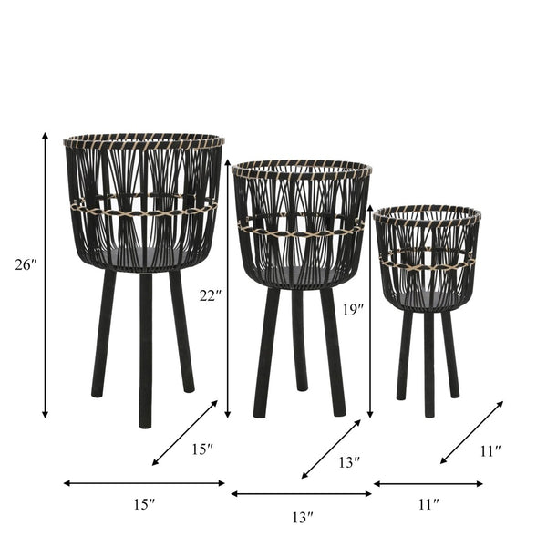 English Elm S/3 Bamboo Tiered Planters with Stands Matte Black Sustainable Indoor Outdoor Set B079106796