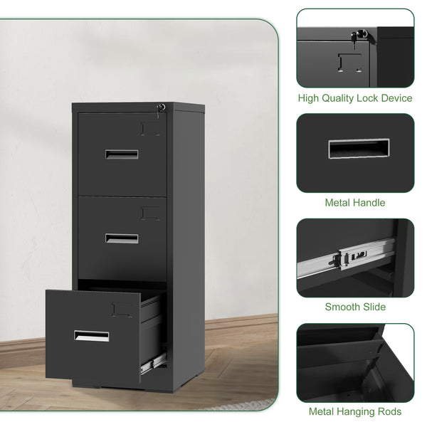 English Elm 3 Drawer Metal Vertical File Cabinet with Lock, Anti-Tilt, Quiet Ball-Bearing Slides and Label Holders for A4 Legal Letter Storage Black T2398P342715