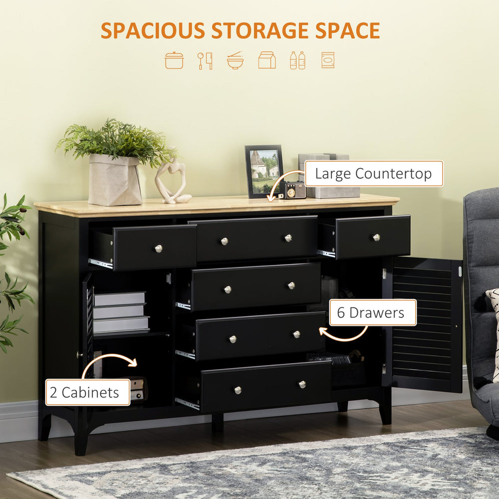 English Elm HOMCOM Modern Sideboard Buffet Cabinet with Rubber Wood Top, Adjustable Shelves, Drawers, Black W2225S00042