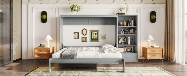 English Elm Queen Murphy Bed with Built-In Shelves, Height-Adjustable Storage & Drawer for Small Spaces Gray 71.6 L x 21.5 W x 6.1 H N733S309223E