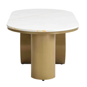 English Elm Luxury Oval Coffee Table with Faux Marble Top, Sturdy Metal Frame, Storage Drawer, Adjustable Feet Golden+White W821S00029