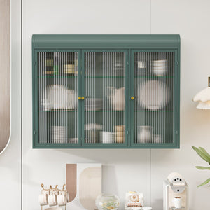 English Elm 3 Door Arched Wall Mounted Glass Cabinet with Wide Top Narrow Bottom Design for Stylish Storage and Display Dark Green W757P221504