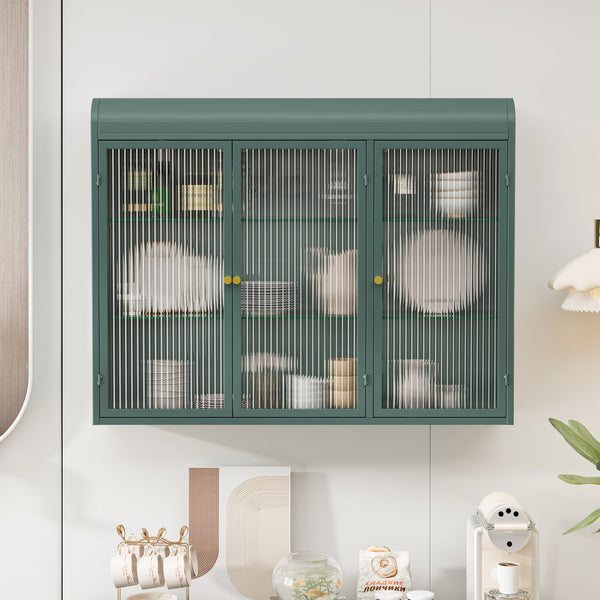 English Elm 3 Door Arched Wall Mounted Glass Cabinet with Wide Top Narrow Bottom Design for Stylish Storage and Display Dark Green W757P221504