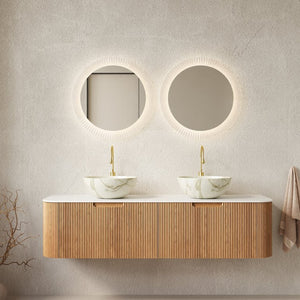 English Elm Dina 60 Inch Floating Bathroom Vanity Sintered Stone Top Dual Glass Basins Wood Grain Natural Wood,White W2615S00696