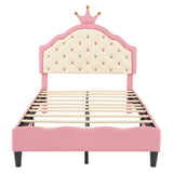 English Elm Twin Size Lovely Crown Fantasy Pu Leather Princess Bed With Tufted Headboard, Pink+Cream