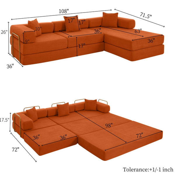 English Elm 108'' Modular Cloud Sectional Corduroy Couch with Fold Flat Backrest for Living Rooms Orange W1117S00297