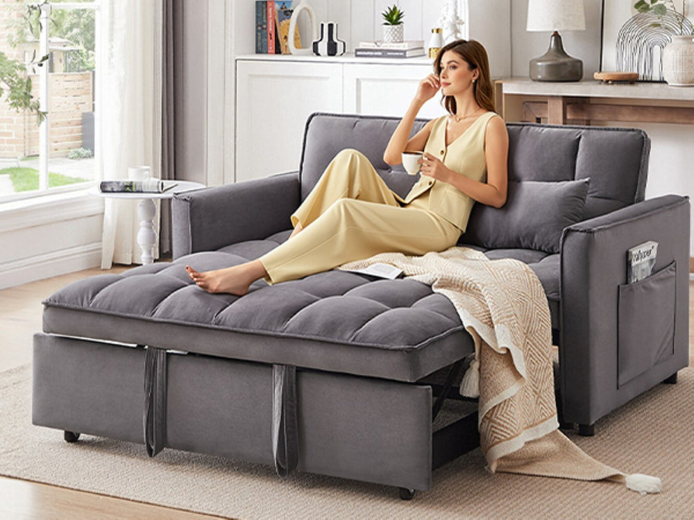English Elm 55.1-inch Convertible Velvet Futon Sofa Bed with Storage and Adjustable Iron Frame W2564P445797