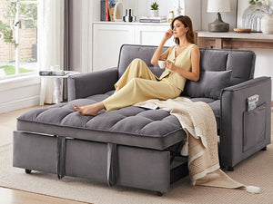English Elm 55.1-inch Convertible Velvet Futon Sofa Bed with Storage and Adjustable Iron Frame W2564P445797