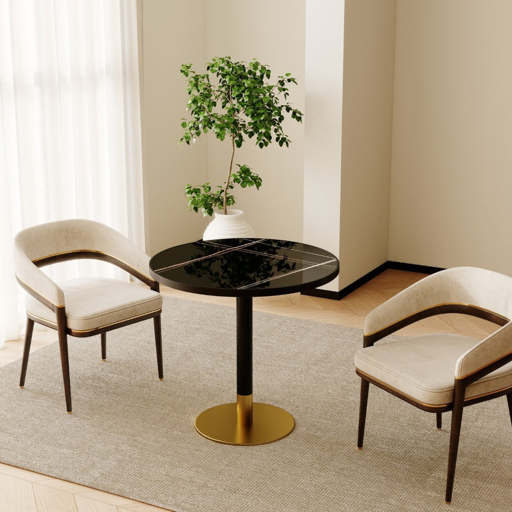 English Elm Round Tulip Bistro Table Faux Marble Top Gold Pedestal Base for Small Dining Spaces W3316P457300