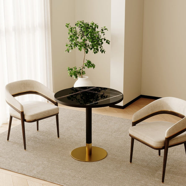 English Elm Round Tulip Bistro Table Faux Marble Top Gold Pedestal Base for Small Dining Spaces W3316P457300