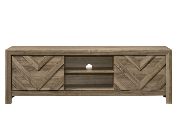 English Elm 1pc Rustic Chevron TV Stand 71.2" - Warm Wood Entertainment Console with Geometric Doors, Ample Storage B2741P383312