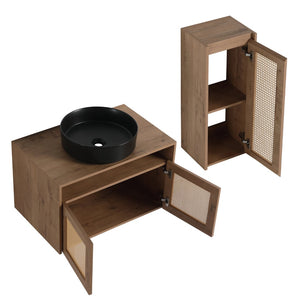 English Elm 30" Floating Bathroom Vanity Set with Ceramic Vessel Sink and Rattan Side Cabinet W999S00496