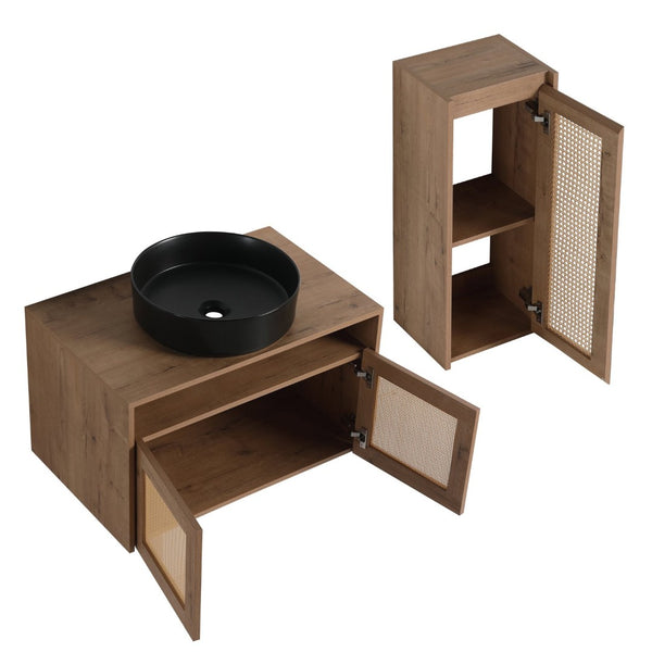 English Elm 30" Floating Bathroom Vanity Set with Ceramic Vessel Sink and Rattan Side Cabinet W999S00496