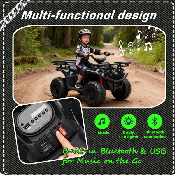 English Elm 24v Dual Motor Kids Atv Ride on with Led Lights Bluetooth Storage Racks Off Road Black W1578P390448