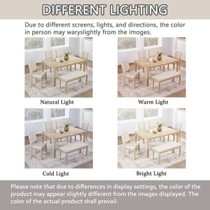 English Elm 6 Piece Rubberwood Dining Set with Bench and Linen Chairs for Transitional Kitchen W1998S00085