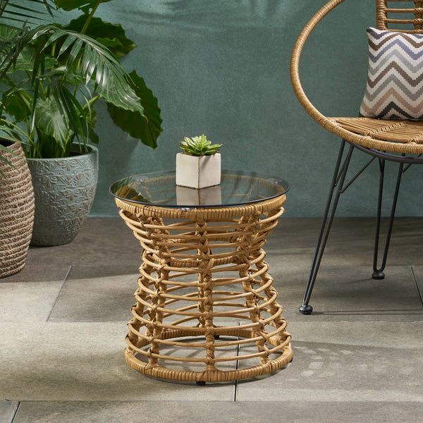 English Elm Christopher Knight Home® - SAN PEDRO SIDE TABLE Light Brown Rattan with Tempered Glass Top Boho Patio Accent Durable 15.8"H 65760.00LBRN