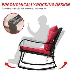 English Elm Metal Outdoor 2-Person Rocking Patio Set with Handwoven Wicker, Plush Cushions & Sturdy Table Red W1859P399566