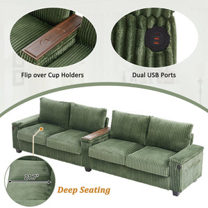 English Elm 4-seater Corduroy Sofa with USB Ports, Flip-Top Cup Holders, Hidden Arm Storage & Ultra-Deep Seats Green N719S001990F