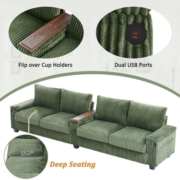 English Elm 4-seater Corduroy Sofa with USB Ports, Flip-Top Cup Holders, Hidden Arm Storage & Ultra-Deep Seats Green N719S001990F