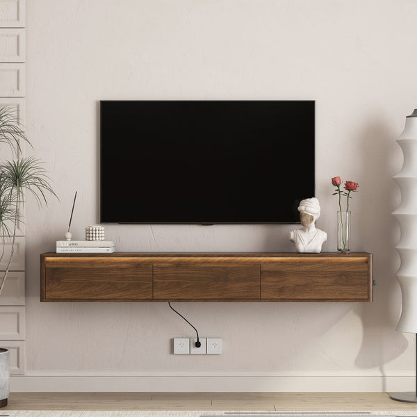 English Elm Floating TV Stand with Touch LED Strip, Built-In Power Hub & Ample Storage for Modern Living Rooms Wood 74.61 L x 17.52 W x 6.1 H W1321P389548