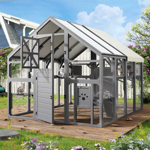 English Elm Large Walk-in Pine Wood Catio Enclosure with Platforms Resting Boxes and Planter Grey N704G201618E