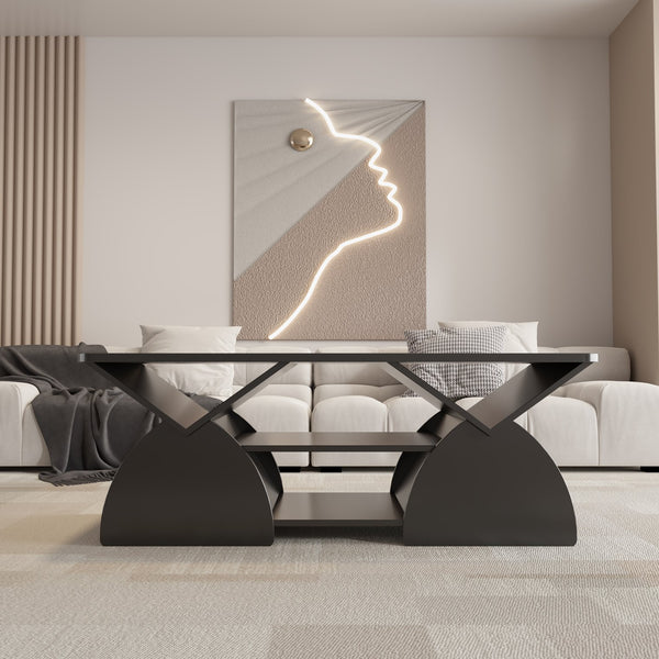 English Elm Engineered rounded corner rectangular coffee table with 6 cubbies, spacious tabletop, durable melamine finish Black W2899P372760