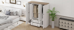 English Elm 4 Door Wardrobe Armoire Closet with 2 Drawers Rustic Pine & MDF Storage Cabinet with Shelves and Hanging Space White N7090001842K