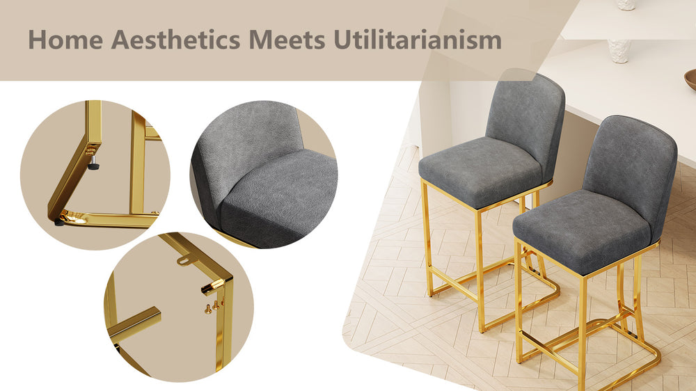 English Elm Dining Bar Chairs Set of 2 with Padded PU Seats and Sturdy Metal Legs, Space-Saving Comfort for Bars Grey+Gold W1727P240722