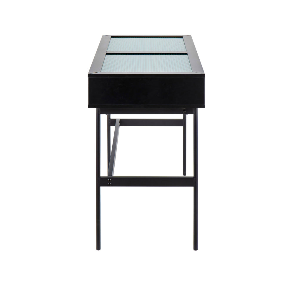 English Elm Emery Contemporary Console Table with Tempered Glass Top, Black Wood & Steel Frame, 2 Drawers, Sleek Design B202P223380