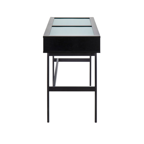 English Elm Emery Contemporary Console Table with Tempered Glass Top, Black Wood & Steel Frame, 2 Drawers, Sleek Design B202P223380