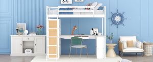 English Elm Twin Loft Bed with Built-in Desk Shelves and Drawer White Pine Study Zone LT100225AAK-1