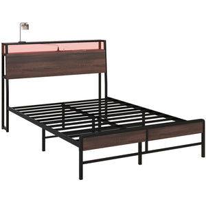 English Elm HOMCOM Full Size Bed Frame with LED RGB Headboard, Built-In Charging Station and 3-Tier Shelf Walnut W2225P249911