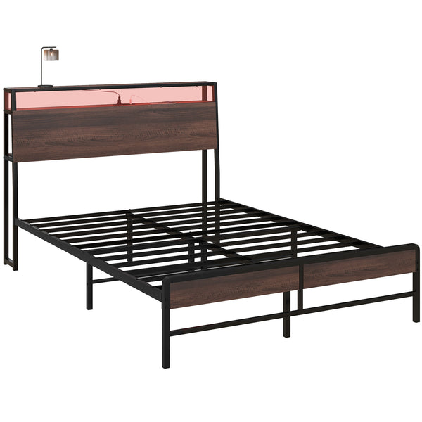 English Elm HOMCOM Full Size Bed Frame with LED RGB Headboard, Built-In Charging Station and 3-Tier Shelf Walnut W2225P249911