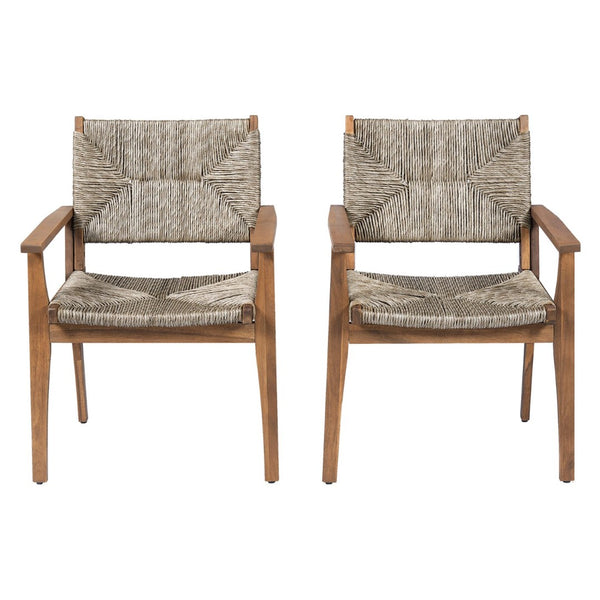 English Elm Durable Outdoor Dining Chairs Acacia Wood Handwoven Wicker Patio Set of Two Brown N770P345267D