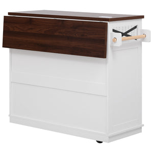 English Elm K&K 46.5'' Farmhouse Kitchen Island Cart with Beaded Drapes, Drop Leaf, Power Hub, Ample Storage White N707P254872W