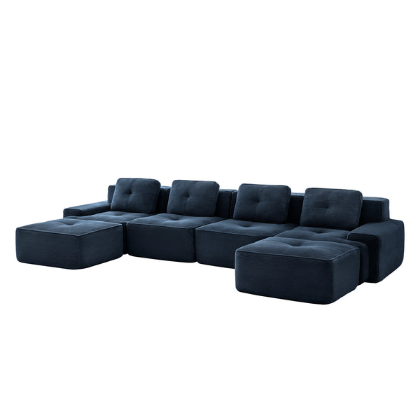 English Elm 153" Modern U-Shaped Modular Sectional Sofa With Movable Ottomans, Deep Seats & Elegant Design, Blue W714S01500