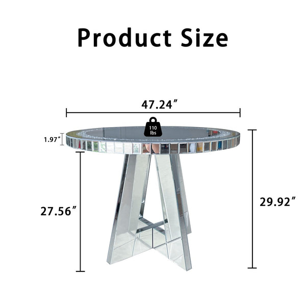 English Elm Diamond Crystal Mirrored Round Dining Table Seats 4 Glamorous Light Reflecting Glass W3836S00003