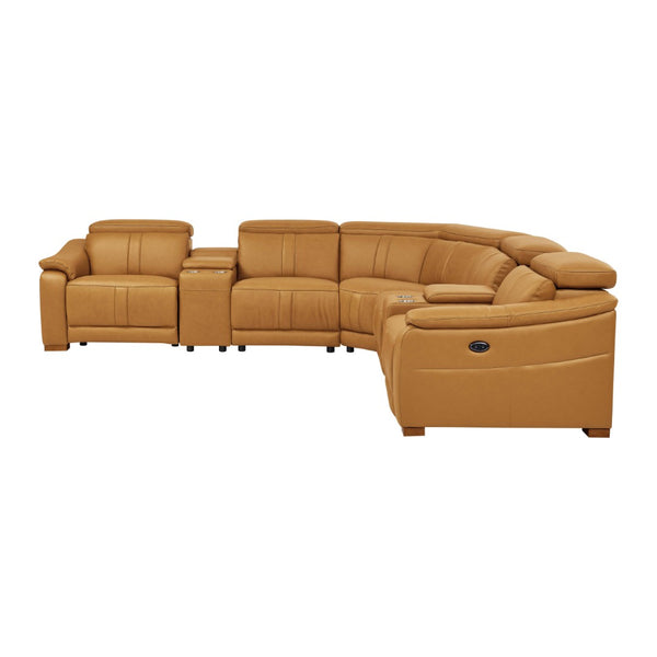 English Elm Leather Match Power Reclining Sectional with Storage Console and Adjustable Headrests Ginger B2748S00026