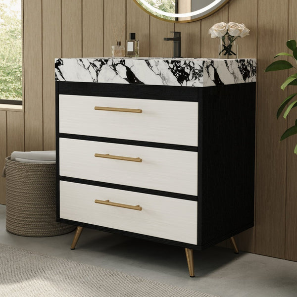 English Elm Modern Freestanding Bathroom Vanity with Sintered Stone Top and Golden Steel Legs W3136S00050