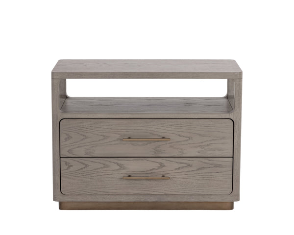 Sunpan Danette Nightstand - Minimalist Grey Oak Design with Warm Brass Hardware & Open Top Shelf for Decor