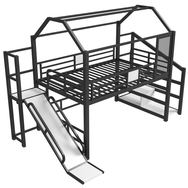 English Elm Full Full House Loft bed with Slide and Stairs, Metal House Play Loft with Storage Shelves and Quiet Design Black W1580S00350