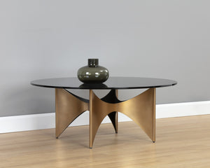 Sunpan LONDON Ikon Coffee Table - Smoked Grey Glass & Antique Gold Base for Modern Glamour & Durability 106164