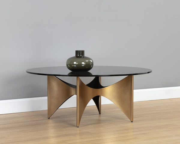 Sunpan LONDON Ikon Coffee Table - Smoked Grey Glass & Antique Gold Base for Modern Glamour & Durability 106164