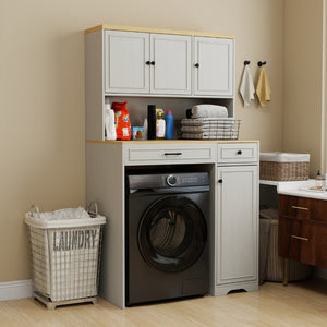 English Elm Over Washer Dryer Laundry Cabinet with Basket Drawer Adjustable Shelves Antique White W1120P338184